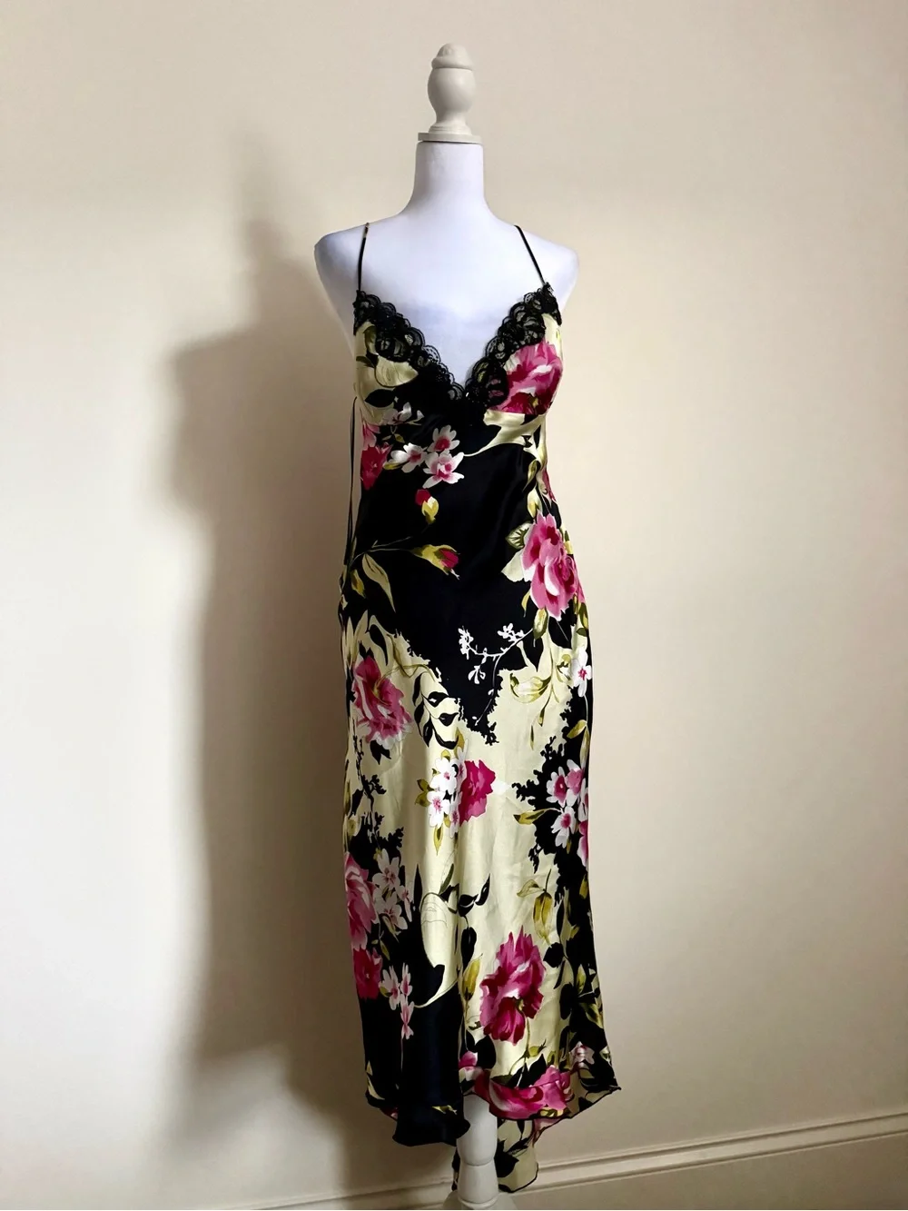 Mary L Couture Black Floral Slip Dress with Pink & Cream Accents 100% Silk - Picture 1 of 12